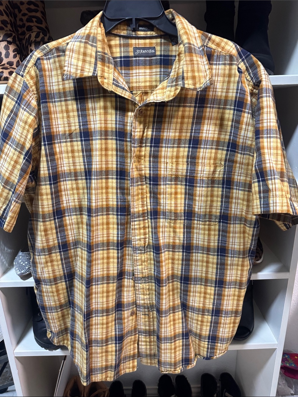 St. John's Bay Yellow and Navy Plaid Short-Sleeve Button-Down Shirt